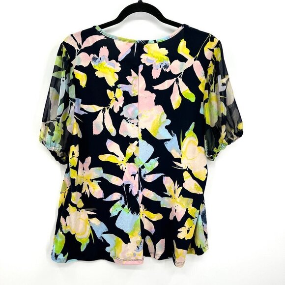 WILLOW DRIVE Black Yellow Floral Square Neck Sheer Puff Sleeve Blouse Size XL - Picture 6 of 6